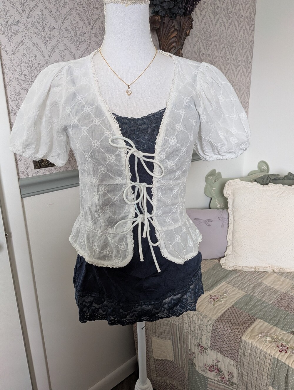 Cotton On White Embroidered Tie Front Puff Sleeve Top 6